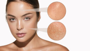 Female skin problems close-up. Beautiful brunette woman and facial diseases: acne, blackheads, dry, oily, wrinkles. White background. Skincare, healthcare, beauty, health, aging process